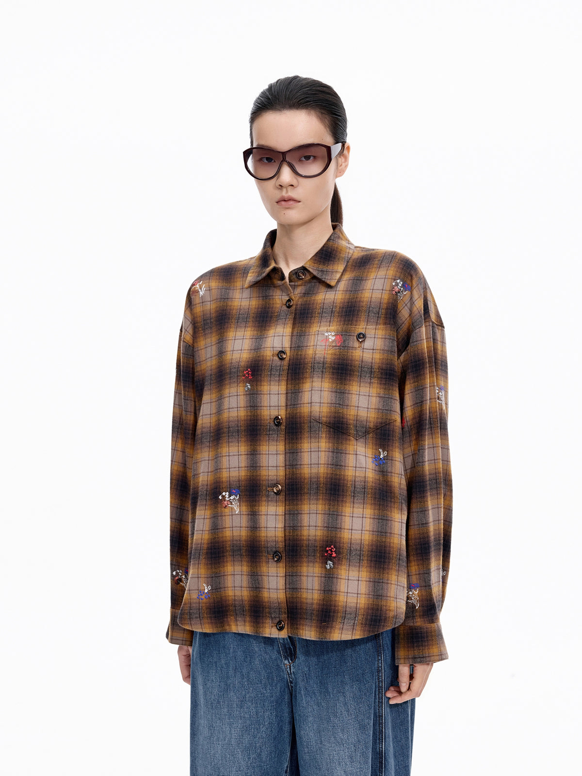 Shirt / JNBY Oversized Cotton Plaid Shirt with Embroidery
