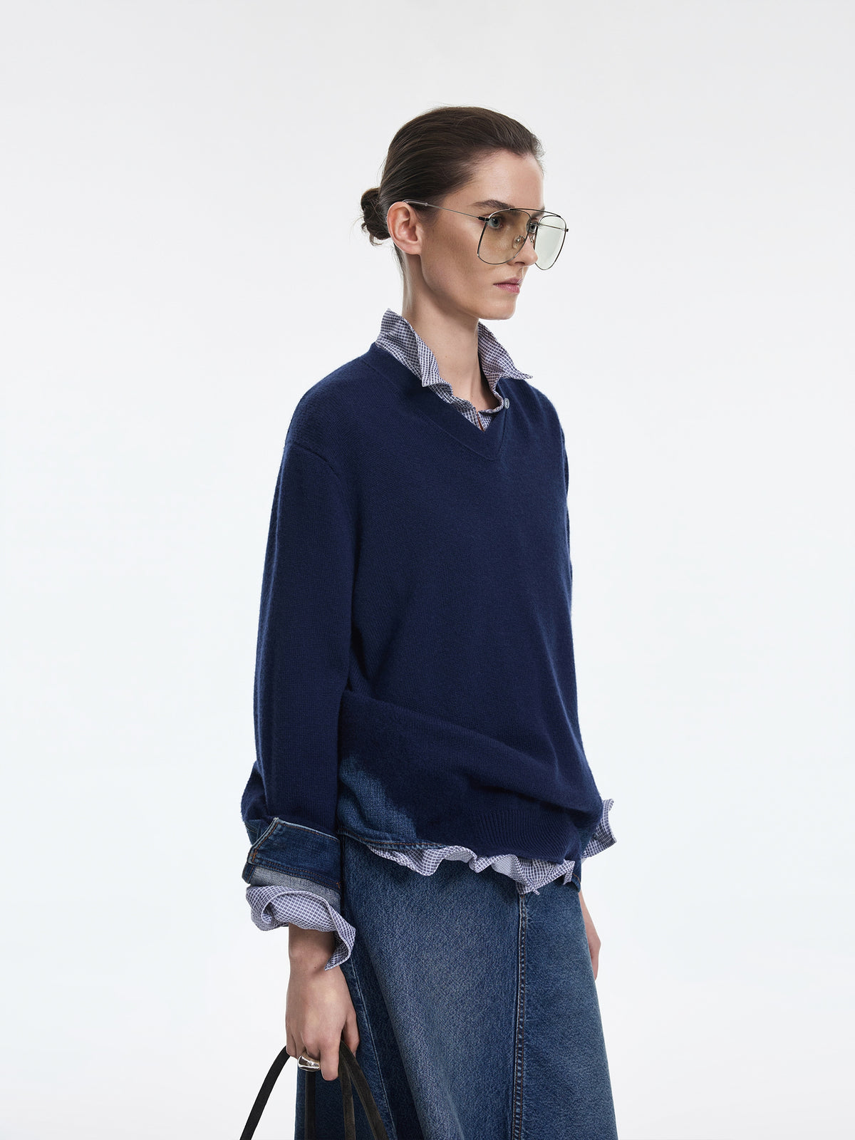 Sweater / JNBY Wool Yak Blend V-Neck Patchwork Pullover