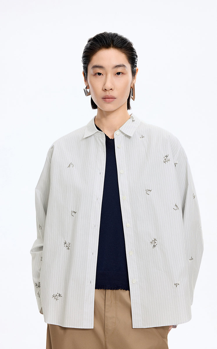 Shirt / JNBY Embroidered Floral Stripe Oversized Shirt