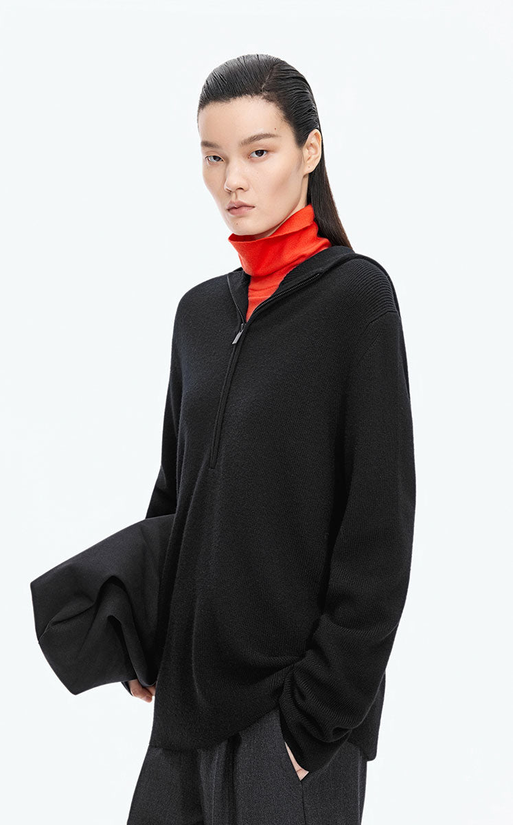 Sweater / JNBY Loose Quarter-Zip Wool Hoodie