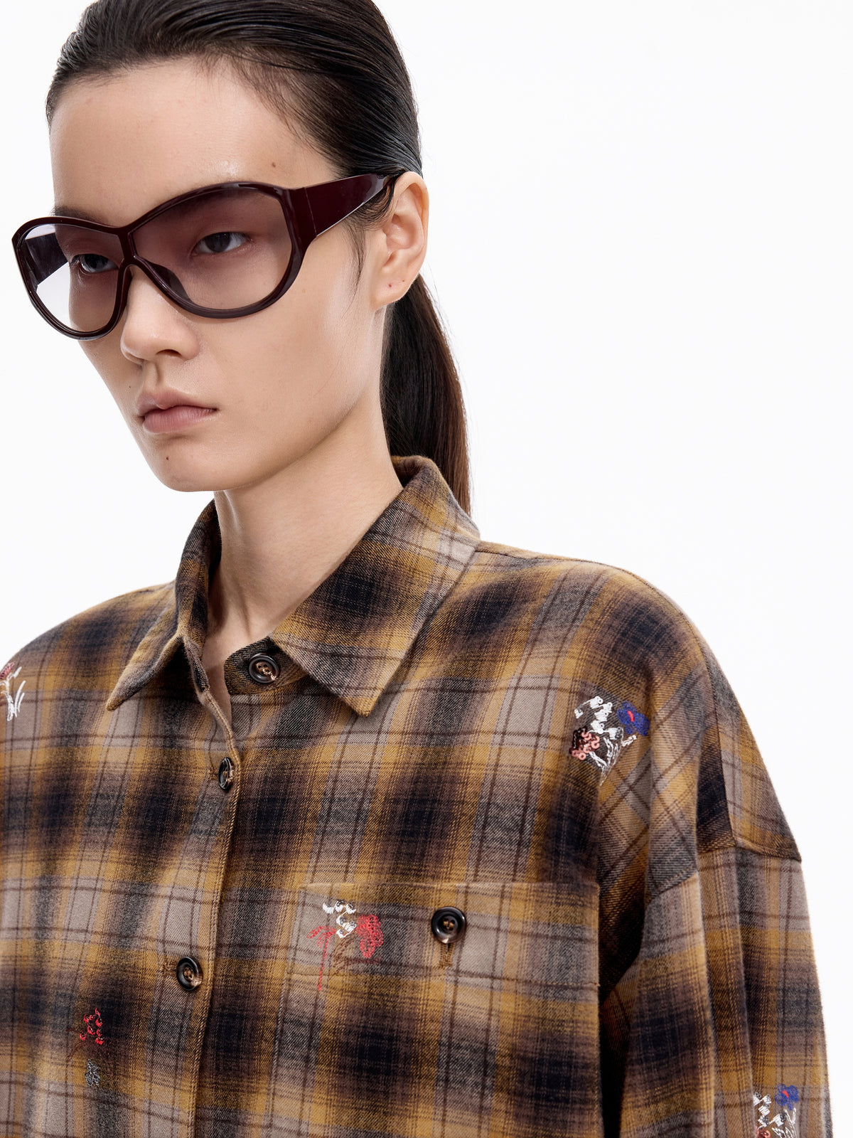 Shirt / JNBY Oversized Cotton Plaid Shirt with Embroidery