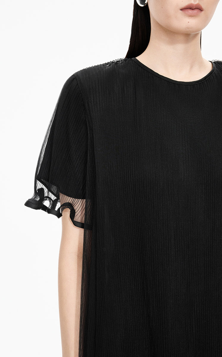 Dress / JNBY Pleated Mesh A-Line Short Sleeve Dress