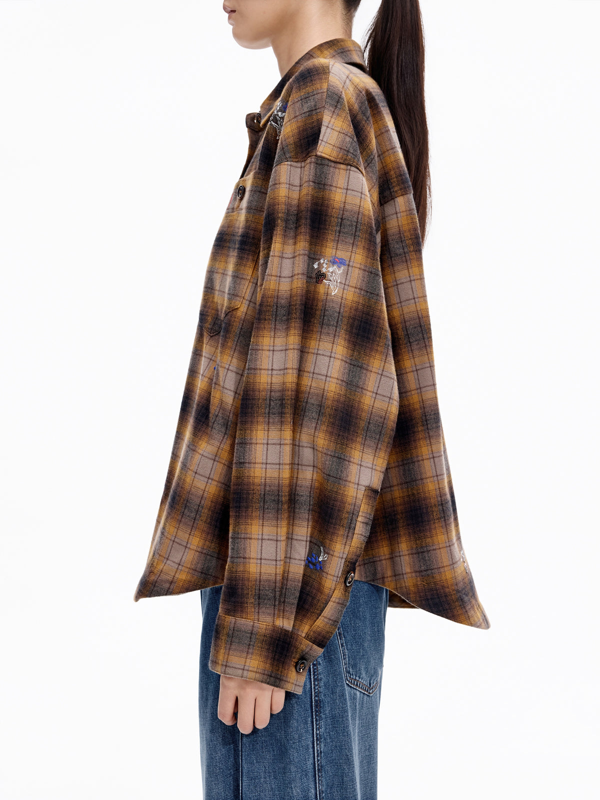 Shirt / JNBY Oversized Cotton Plaid Shirt with Embroidery