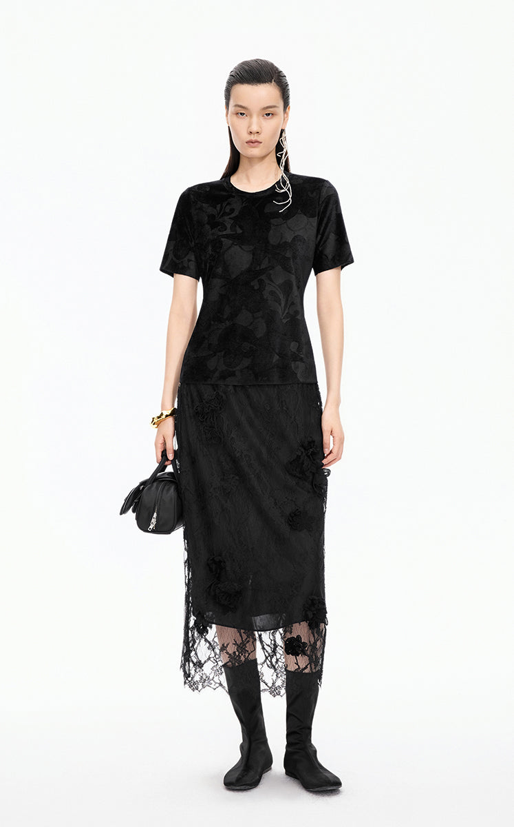 Skirt / JNBY Plum Blossom Lace Midi Skirt Black