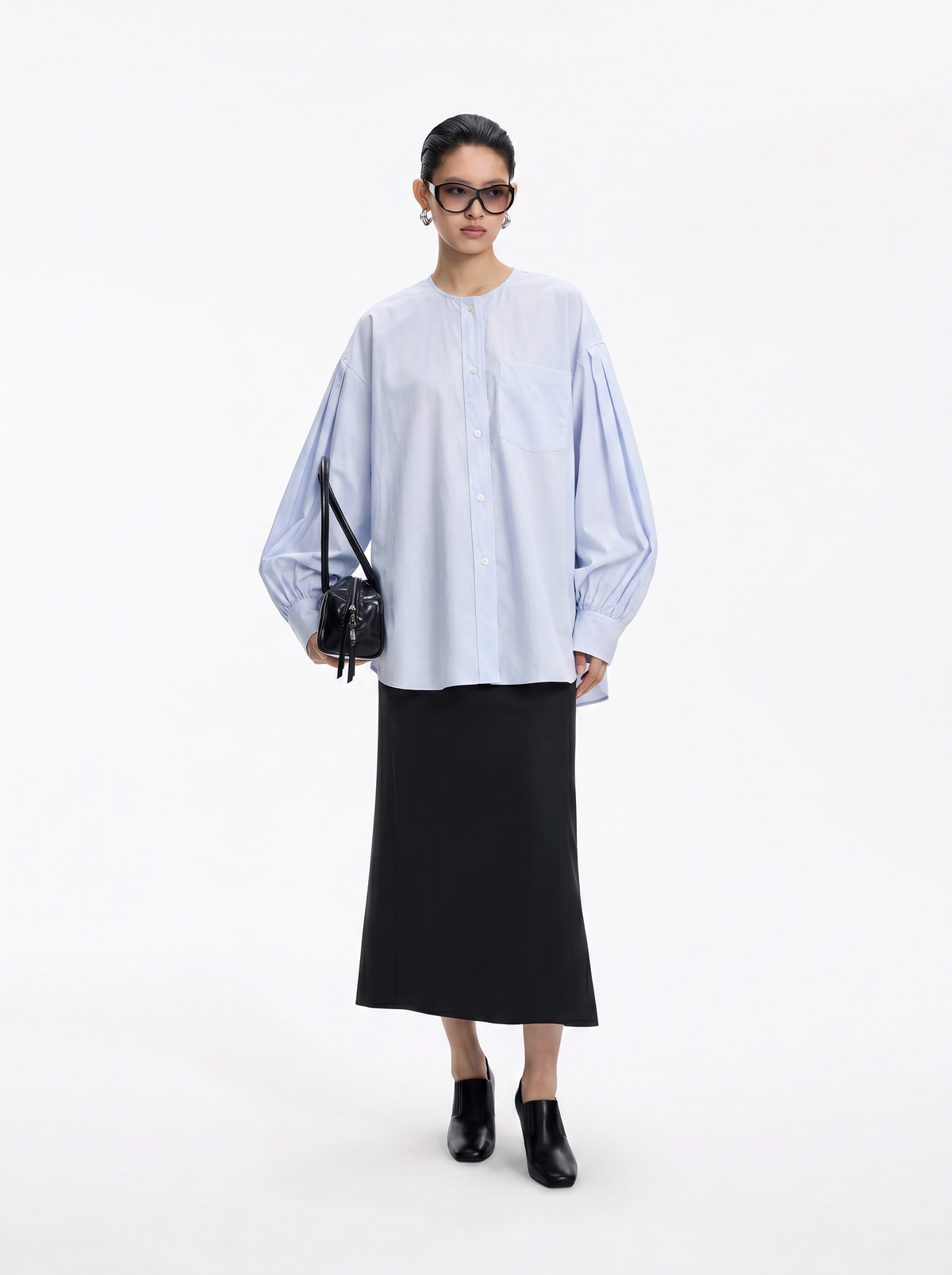 Shirt / JNBY Oversized Cotton Poplin Striped Blouse Blue and White Check-1