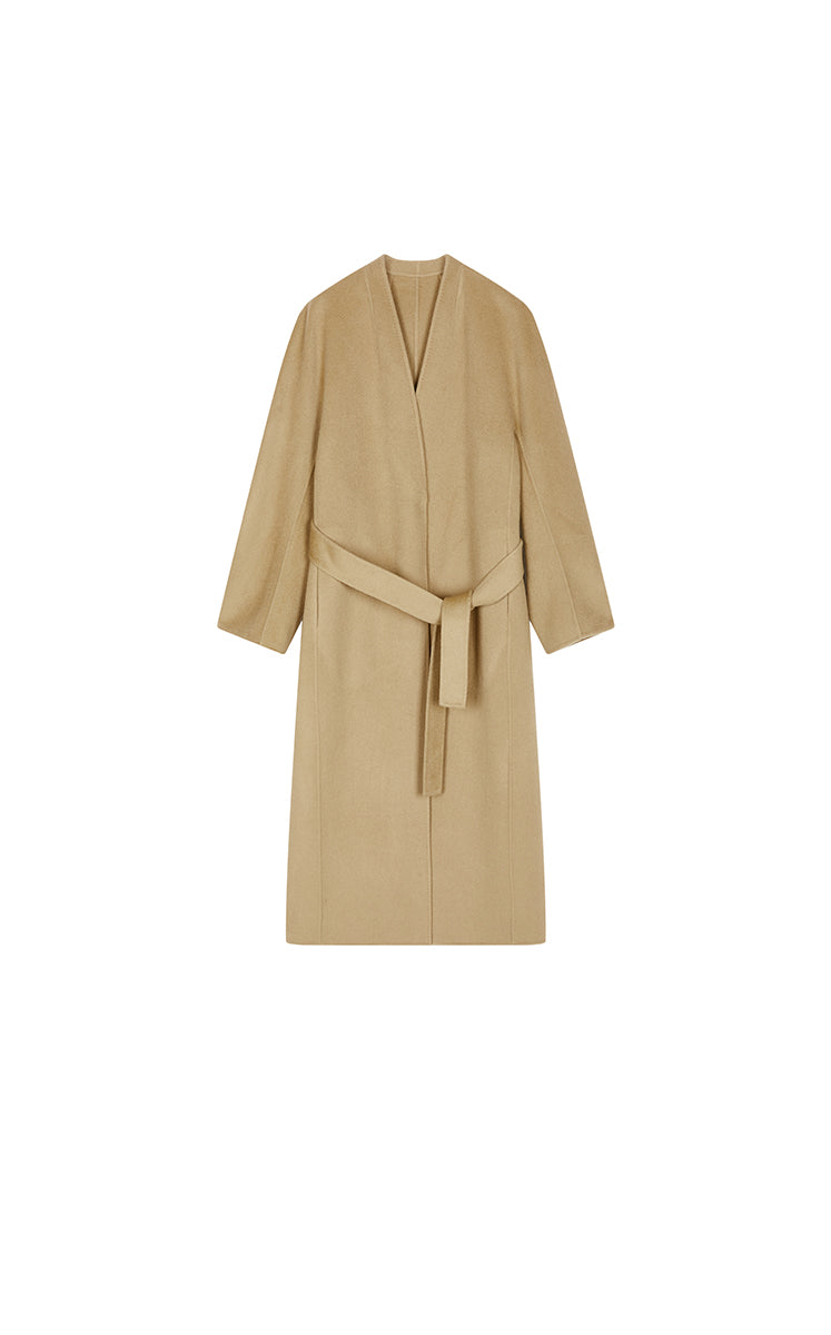 Coat / JNBY Collarless Longline Wool Double-Face Coat