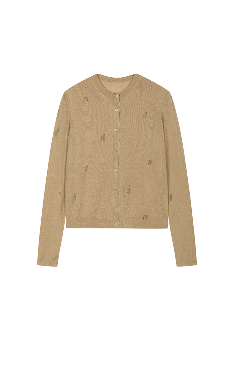 Sweater / JNBY Slim Fringe Wool Cardigan Tea Kahaki
