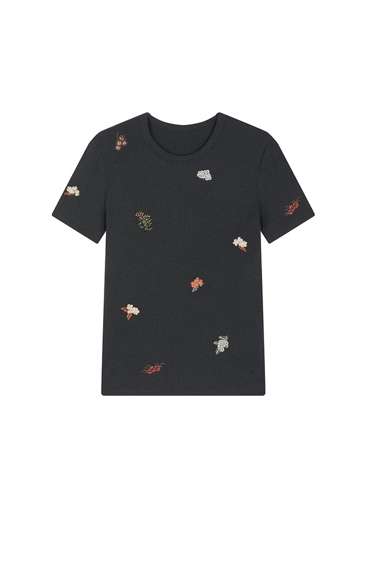 T-Shirt / JNBY Floral Embroidery Slim Fit Tee Black