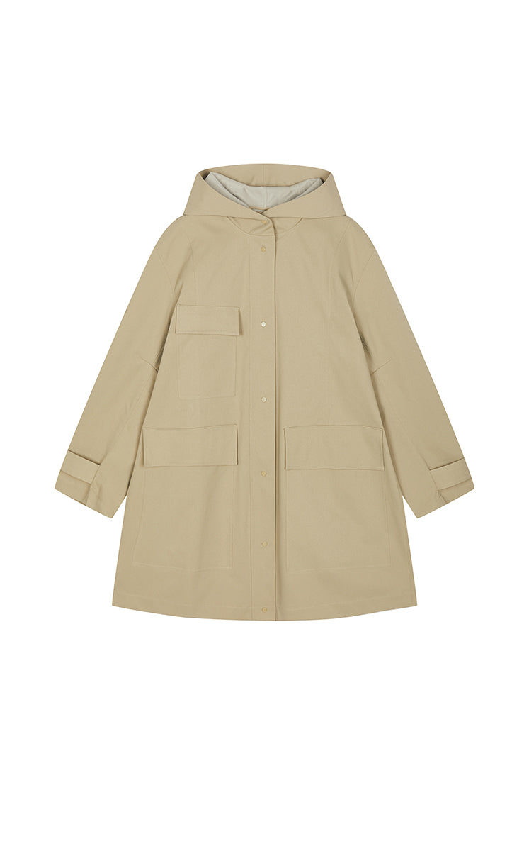 Trench Coat / JNBY Oversized A-Line Long Hooded Trench Kahaki