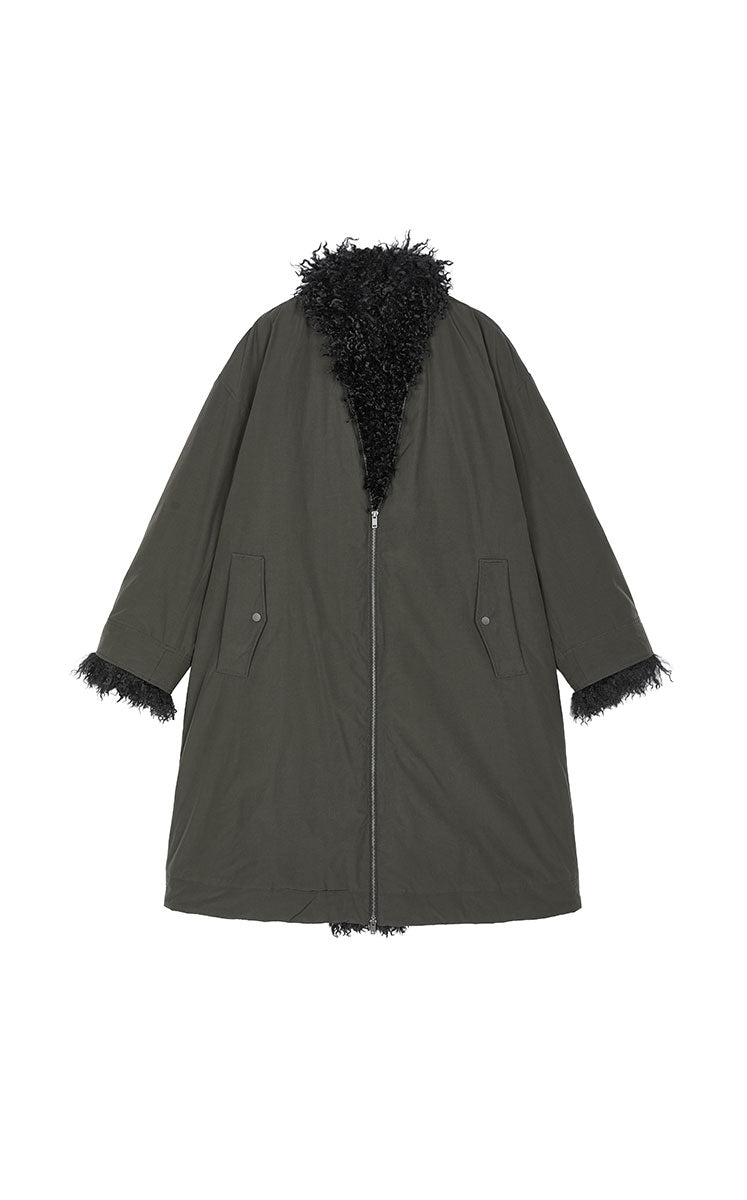 Down Coat / JNBY Oversized Long Faux-Fur Trim Down Coat Black
