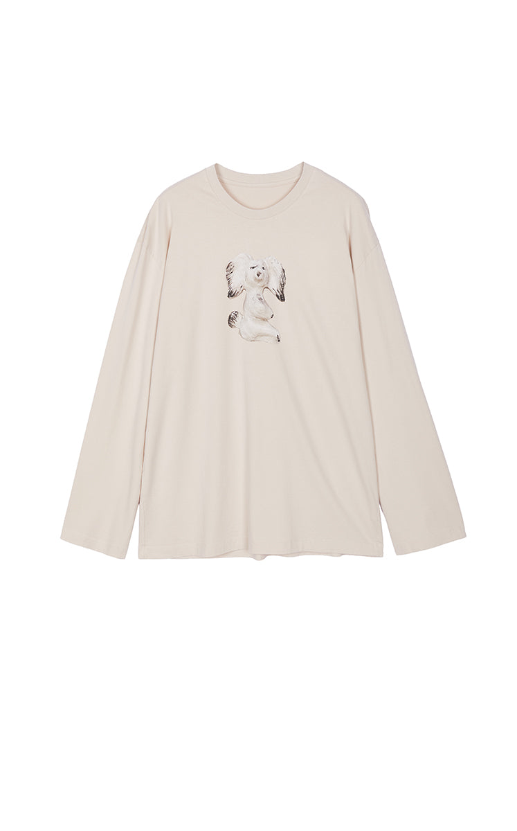 T-Shirt / JNBY Dog Graphic Cotton Long Sleeve T-Shirt Grey