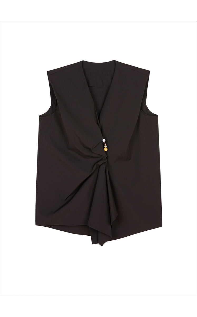 Top / JNBY Ruched Cotton Poplin Sleeveless Top Dark Brown