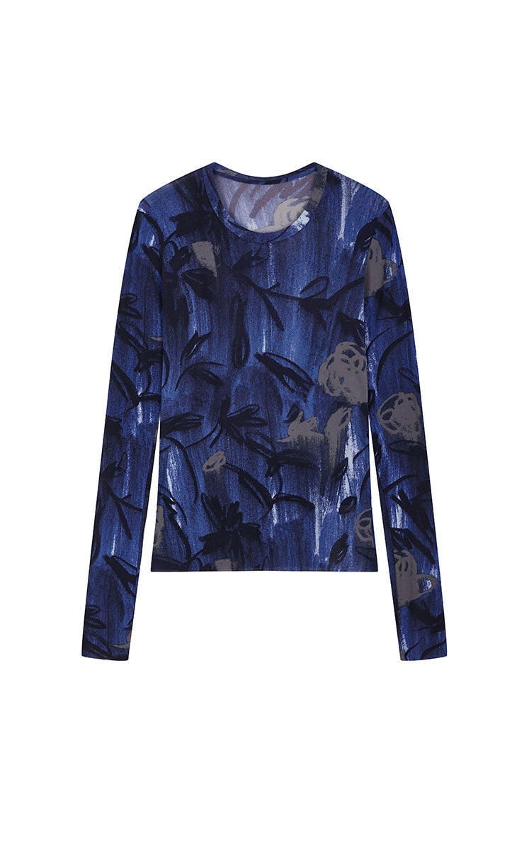 T-Shirt / JNBY Mesh Rose Print Slim Fit Long Sleeve Top Blue Assortment