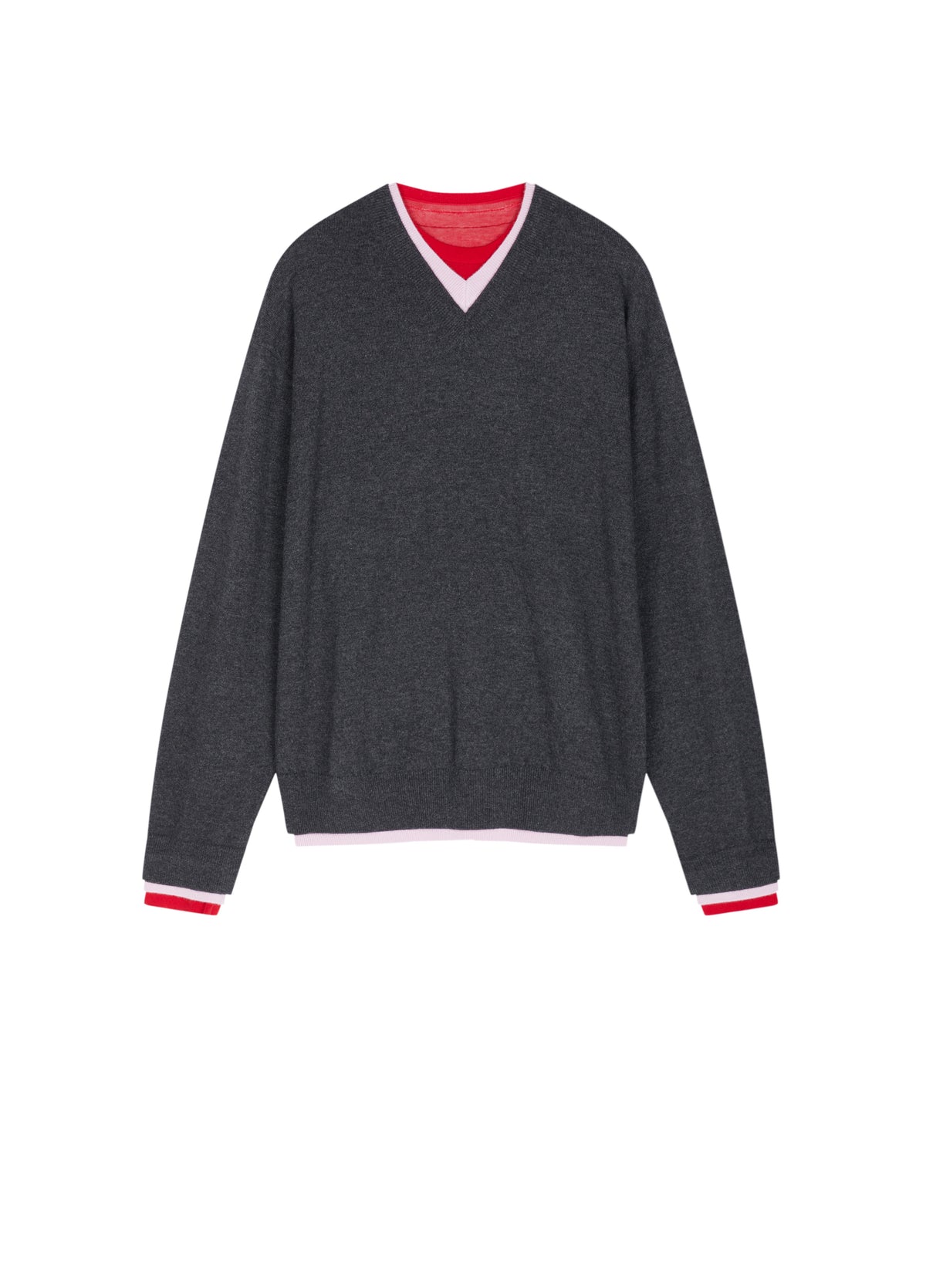 Sweater / JNBY Merino Wool Cashmere Blend V-Neck Pullover Grey-Red