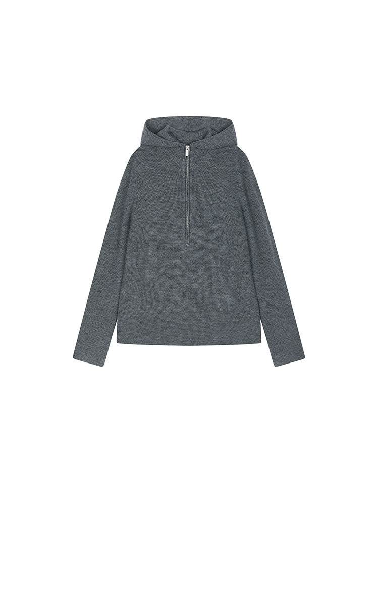 Sweater / JNBY Loose Quarter-Zip Wool Hoodie Grey