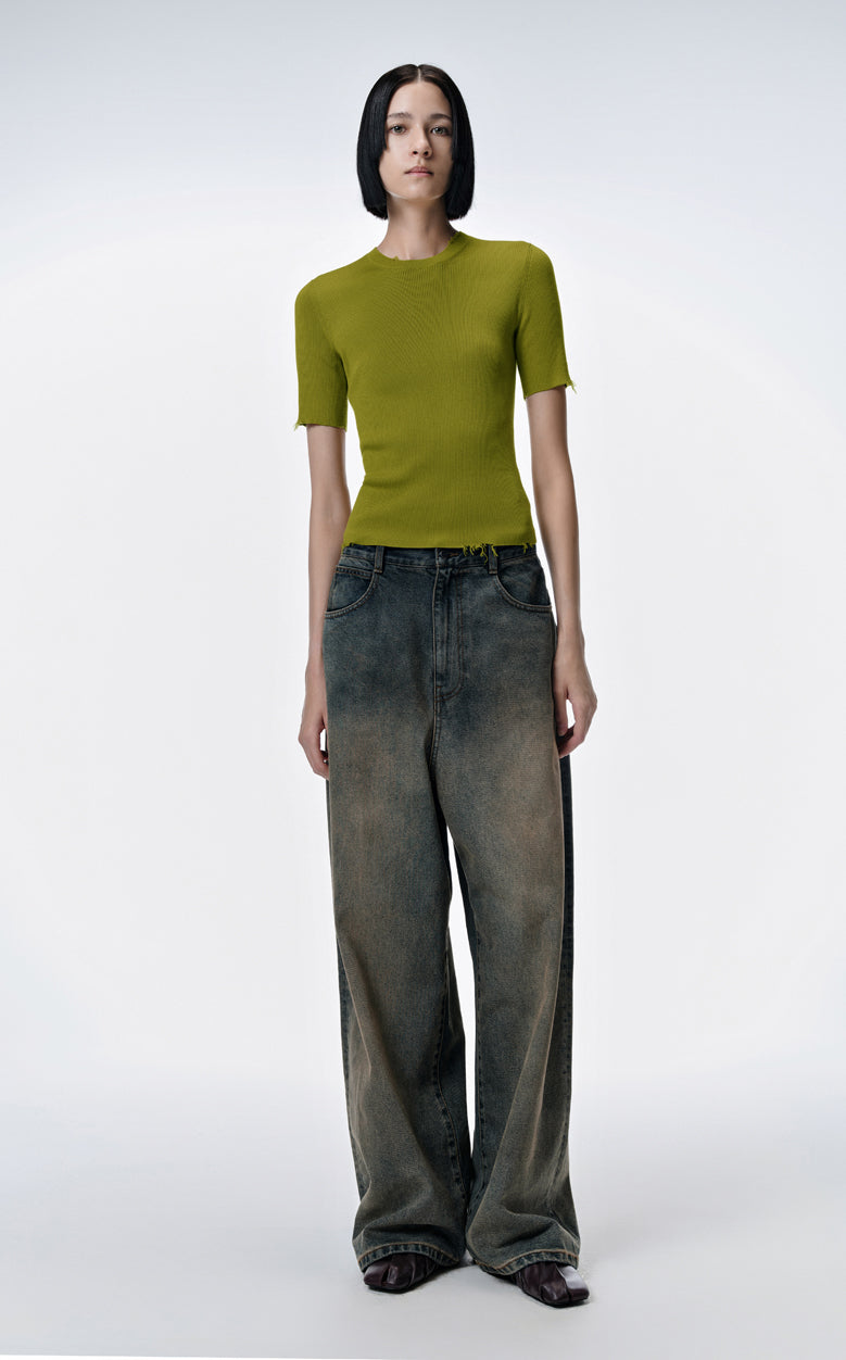 Sweater/ JNBY 100% Silk Round Neck Short-Sleeved Sweater DarkOliveYellow