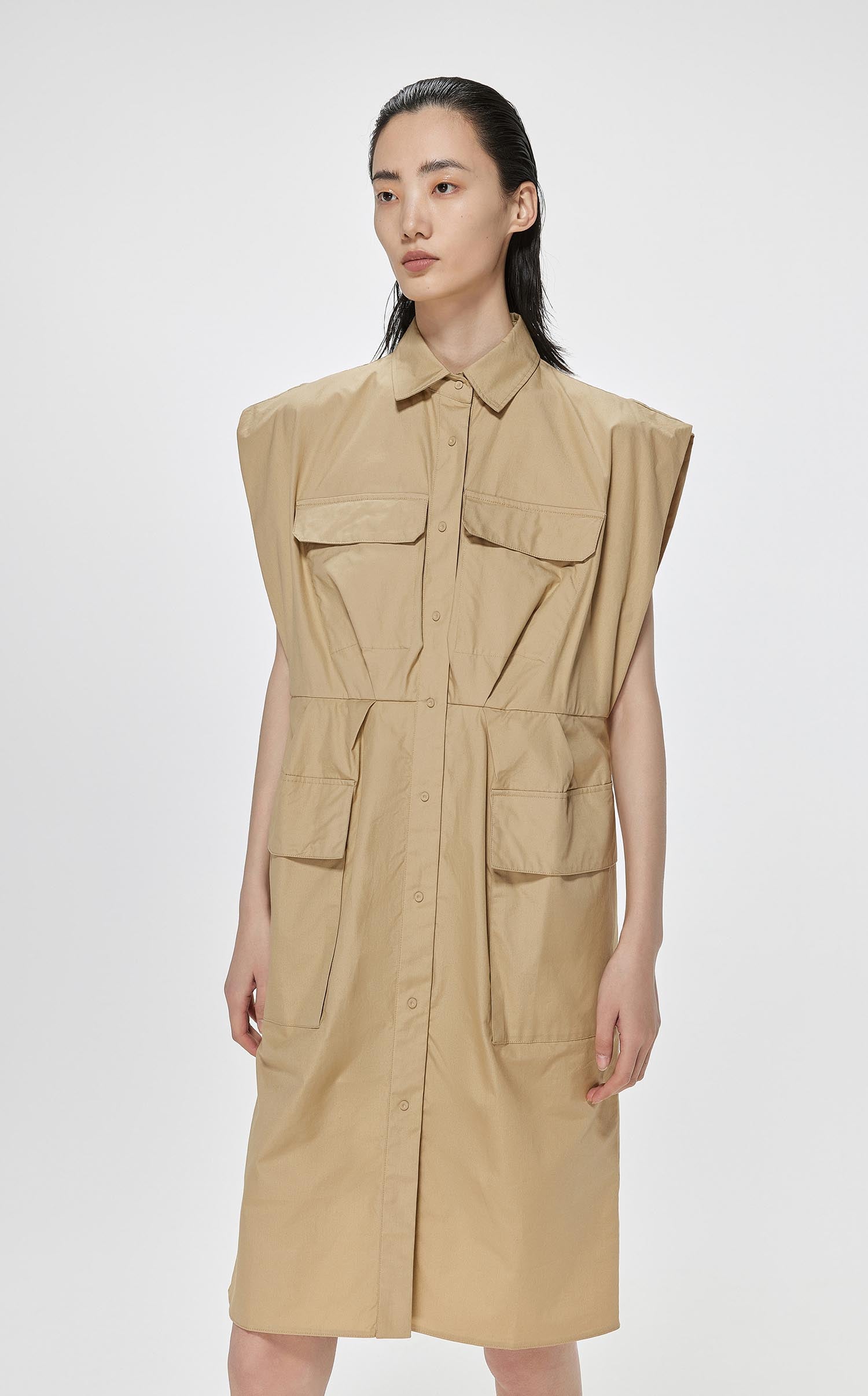 Dresses / JNBY Loose Fit Shirt Style Short Sleeve Dress (100% Cotton) Khaki