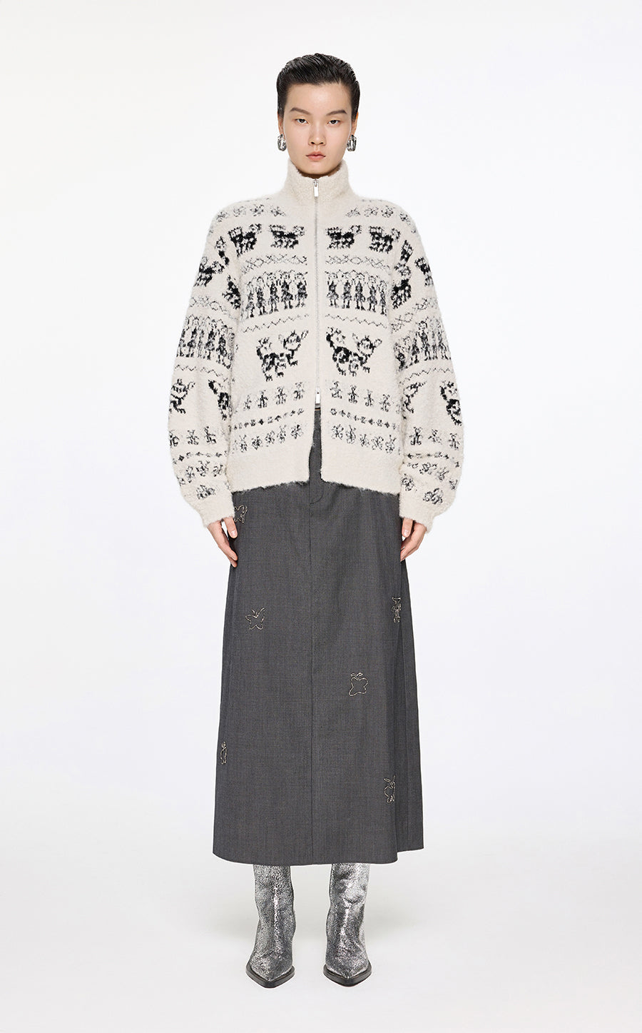 Sweater / JNBY High Neck Alpaca Wool Cardigan White