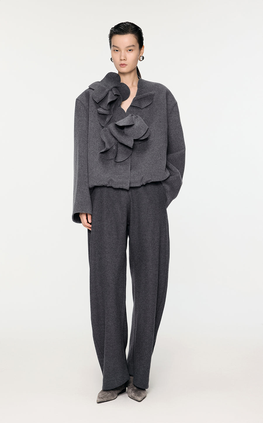 Coat / JNBY 3D-Flower Wool Coat With Drawstring Hem Grey