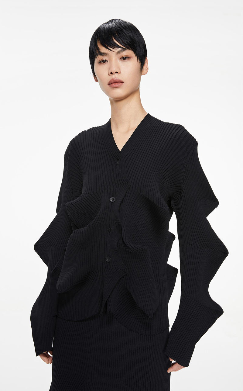 Sweater / JNBY Ruffled Wavy Detail Cardigan Black