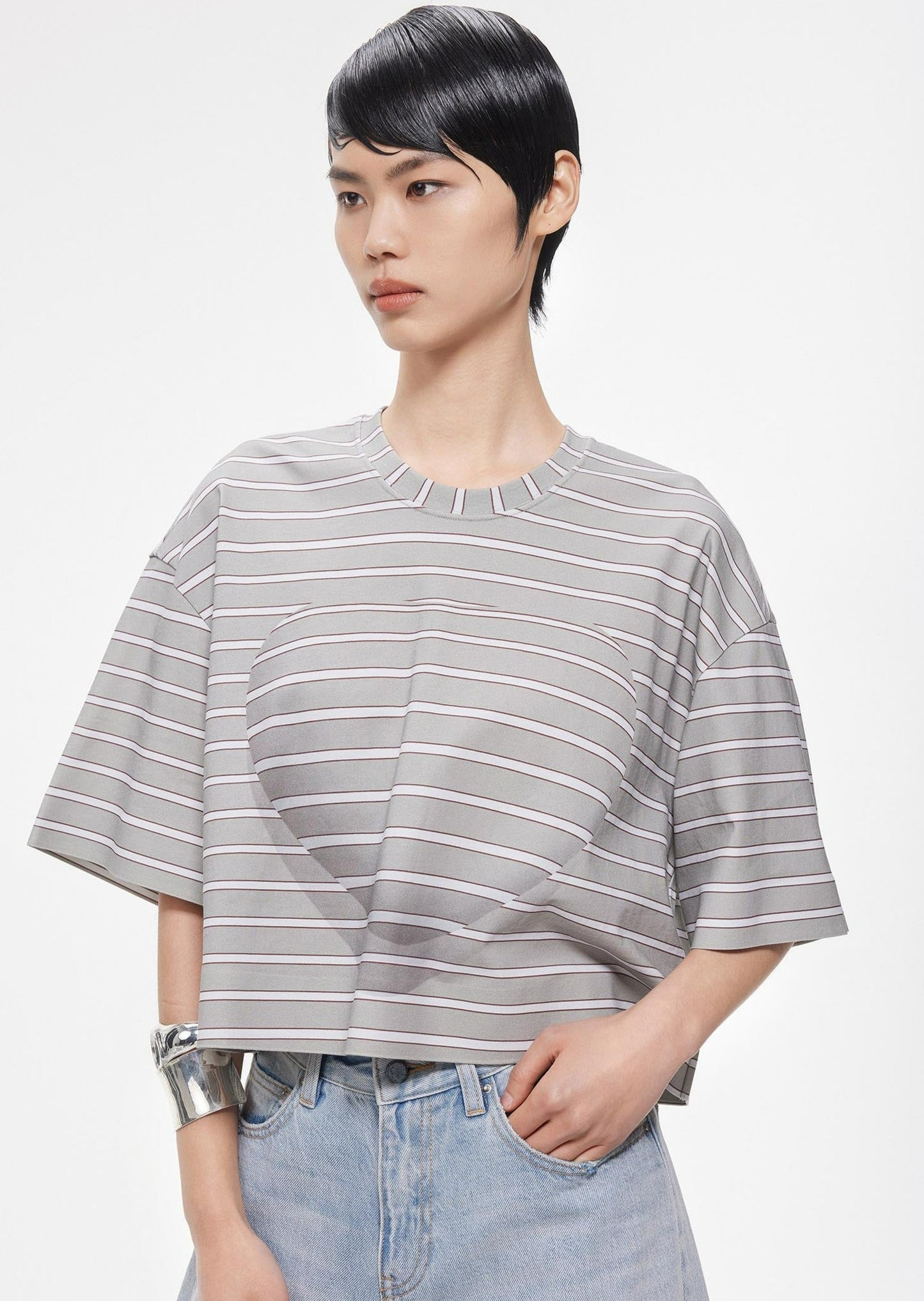 T-Shirt / JNBY Loose Fit Stripped H-Line Cotton T-Shirt Grey M