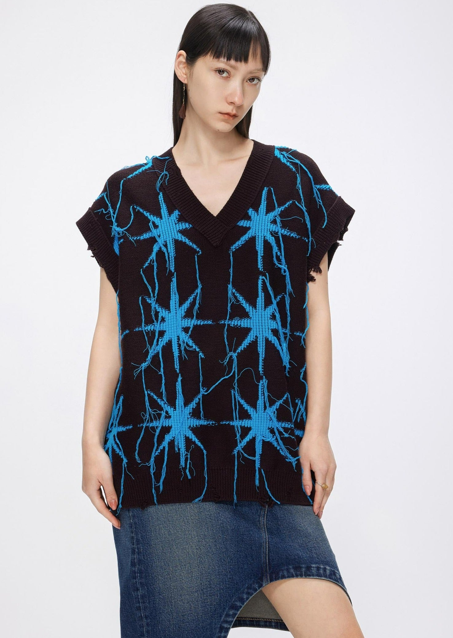 Vest / JNBY Loose Fit V-Neck Knitted Jacquard Vest Blue