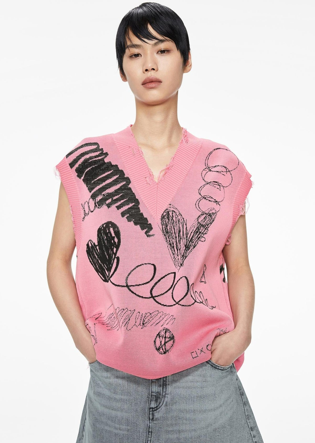 Vest / JNBY Loose Fit V-Neck Knitted Vest Pink