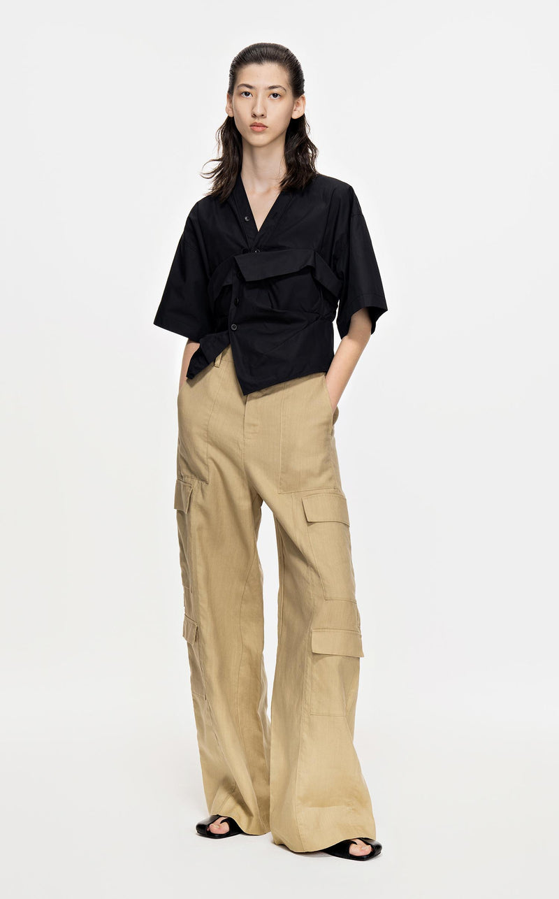 Shirt / JNBY Asymmetrical Short Sleeve Button-down Shirt (100% Cotton) Black